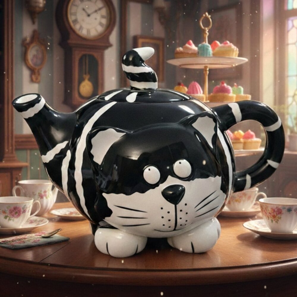 Burton + Burton Cheshire Cat Black & White Ceramic Teapot NWOT